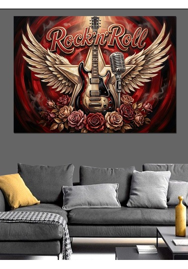 Kanatlı Gitar Rock Ve Gül Dekoratif Kanvas - Mdf Ahşap Tablo
