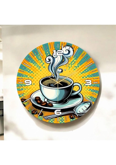 Kahve Fincanı Renkli Baskı Desenli Sayılı Hediyelik Ahşap Sessiz Duvar Saati 50cm ÇOk Renkli