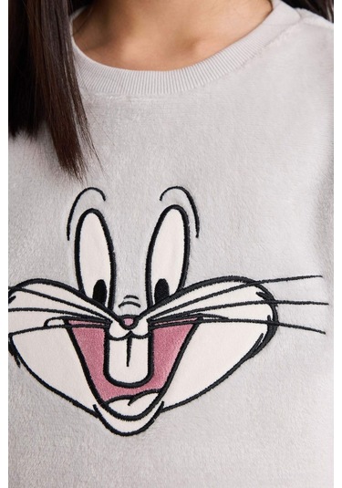 Defacto Kız Çocuk Looney Tunes Pijama Takımı Nakışlı Pelüş Uzun Kollu Üst Uzun Alt D1069a825wngr294 Gri