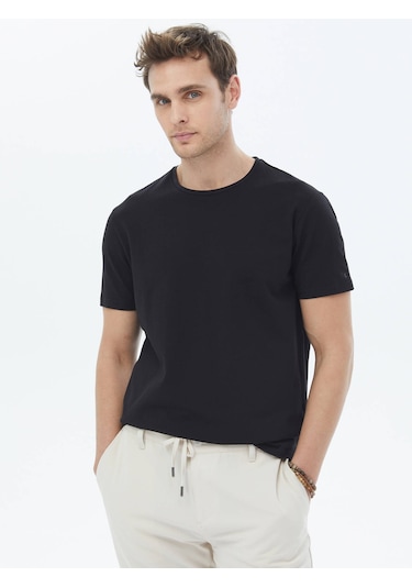 Kip Siyah Düz Bisiklet Yaka Pamuk Karışımlı T-shirt Siyah