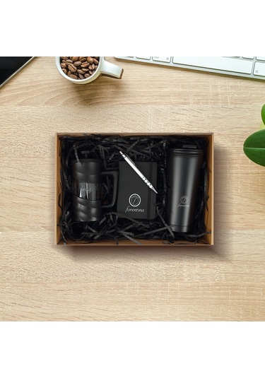 Forentina French Press Not Defteri Kalem Çelik Termos Set Siyah
