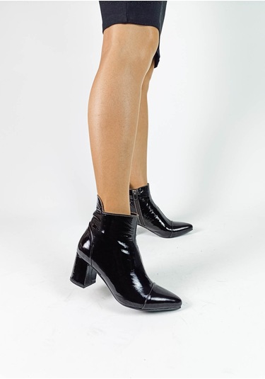 Hakiki Deri Acı Kahve Rugan Fermuarlı Kalın Topuk Kadın Bot Acı Kahve