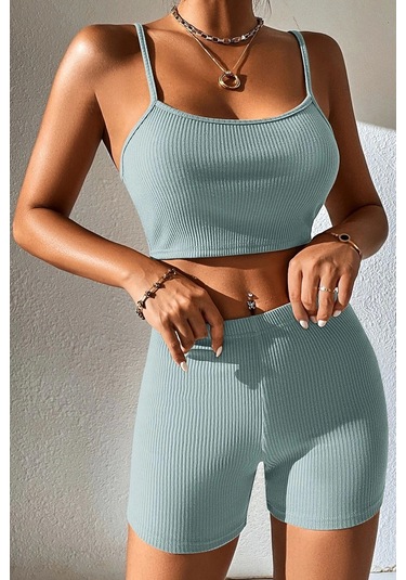 Kadın Açık Mavi Şortlu Kaşkorse Gecelik Takım Çok Renkli