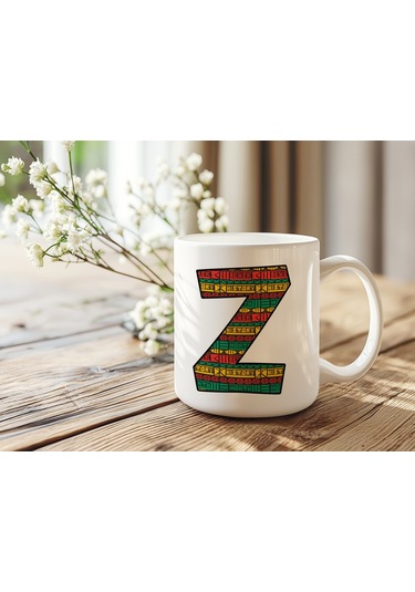 Z Harfi Etnik Desenli Kupa - Afrika Tarzı Kahve Çay Kupası - Hediyelik - Black History Beyaz