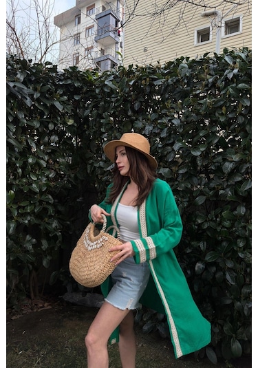 Kadın Yeşil Müslin Kumaş, Hasır Şerit Detaylı Salaş Kimono Ceket Yeşil