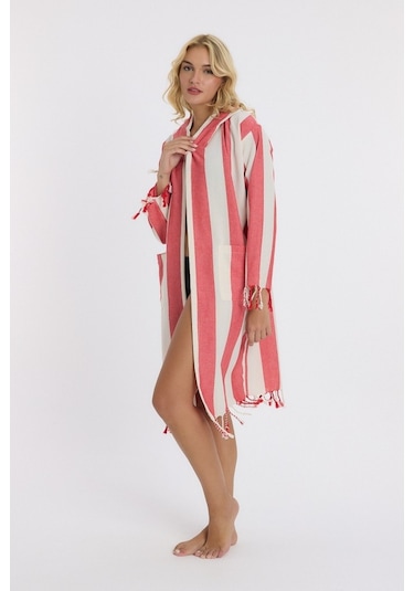 Mulberry Striped Peştemal Bornoz Banyo Ve Plaj Elbisesi Kırmızı