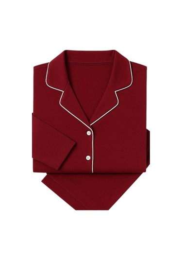 Kadın Bordo Düğmeli Uzun Kol Pijama Takımı Kırmızı