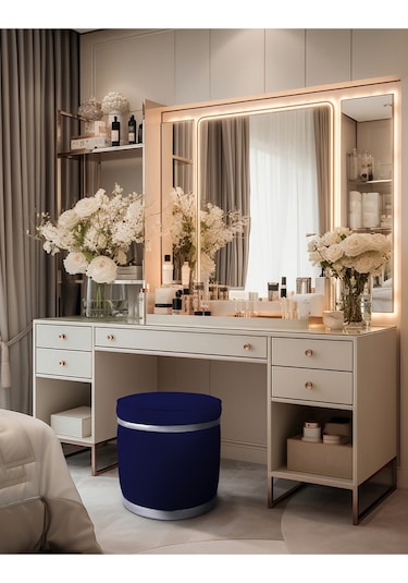 Zerafet Silver Kaplama Luxery Puf-mavi Babyface Kumaş Pofuduk Oturma Pufu&makyaj Pufu&bench