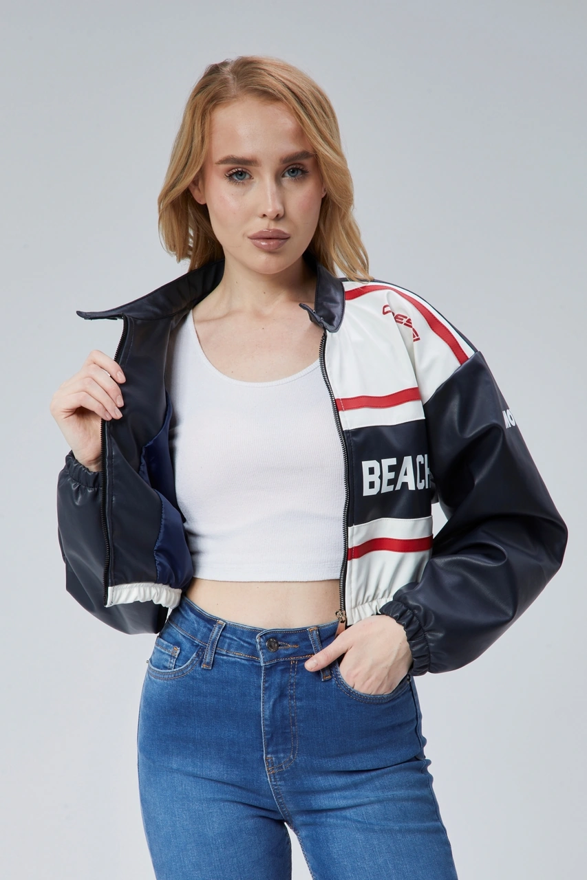 Kadın Deri Baskılı Şeritli Ceket Beli Ve Kolu Lastikli Kolej Hakim Yaka Bomber Yarışçı Motorcu Mont Lacivert