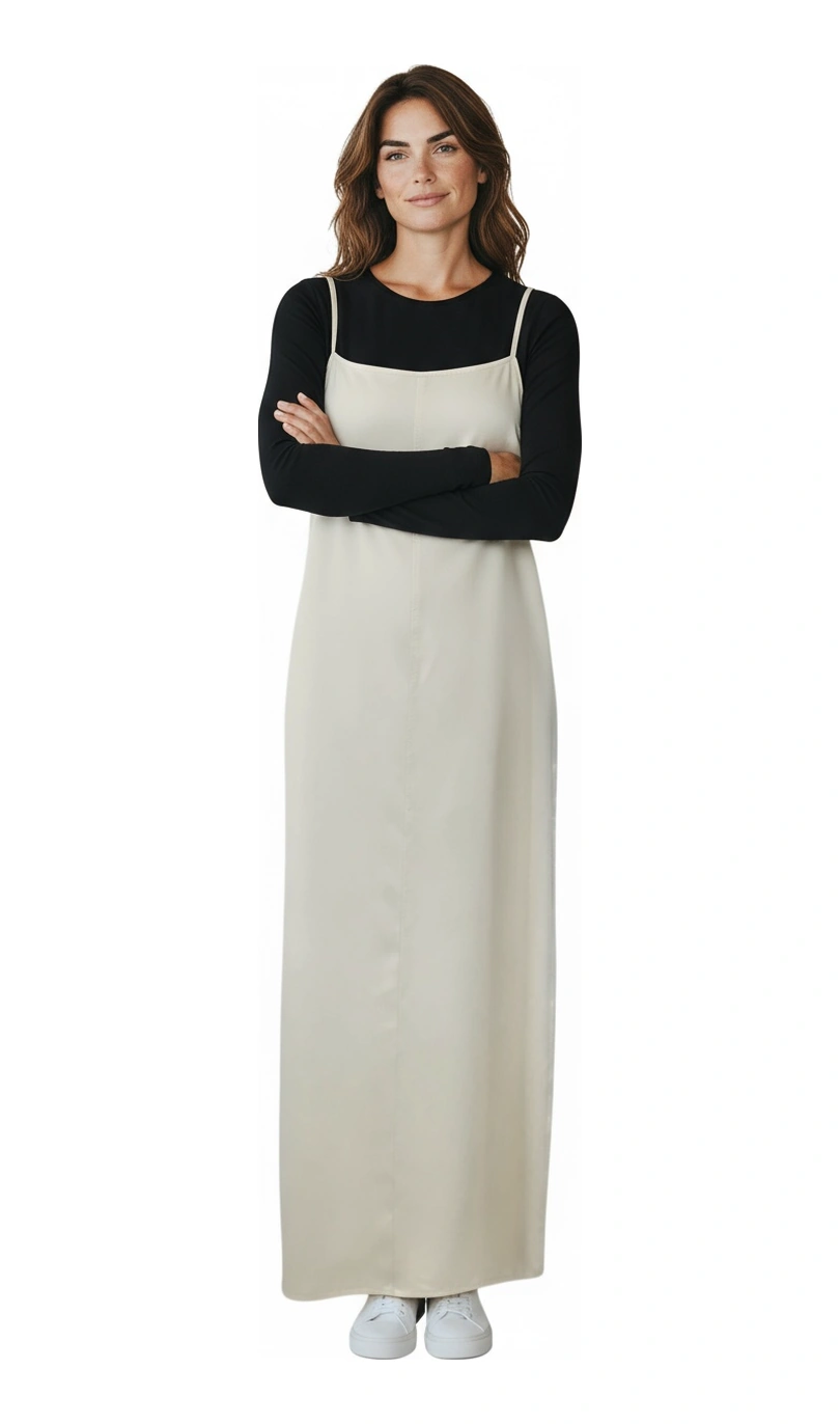 Kadın Ayarlanabilir İp Askılı Dabıl Kumaş Elbise Krem