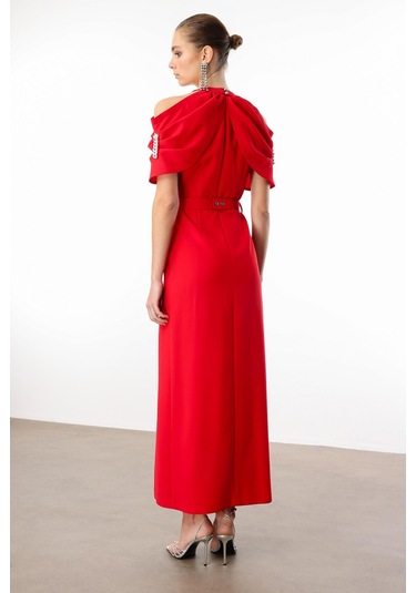 Moda İlgi Kadın Yakası Ve Kemeri Aksesuar Detaylı Elbise 0007 Kırmızı Kırmızı