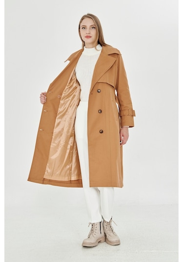 Pastelastore %100 Pamuk Gabardin Uzun 110cm Astarlı Kemerli Kadın Trençkot 1111 Tarçın