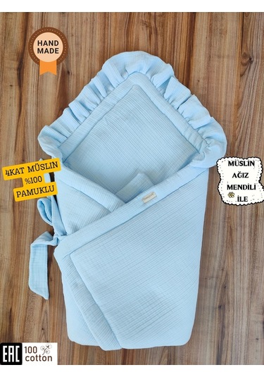 Ekru 4 Kat Müslin Bebek Battaniyesi %100 Pamuklu Doğal Organik Uyku Kundağı Hastane Çıkışı Yenidoğan Mavi