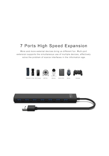 Reedark Siyah 7 Port Usb 3.0/2.0 Hub - 5gbps Hızlı Veri Transferi - Çoklu Cihaz Desteği