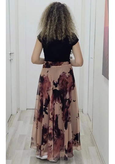 Bel Lastikli Kloş Desenli Şifon Etek 6003-kahverengi Kahverengi