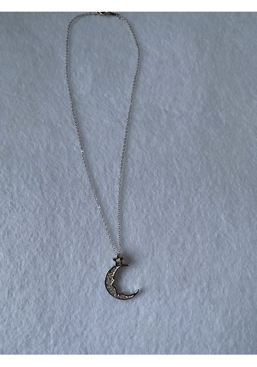 Ay Figürlü Mini Yıldız Detaylı Kolye Gümüş Renk Mor