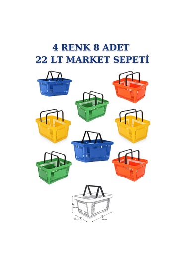 8 adet 22Litre Market ve Alışveriş Sepeti, Saplı Market Sepeti R4