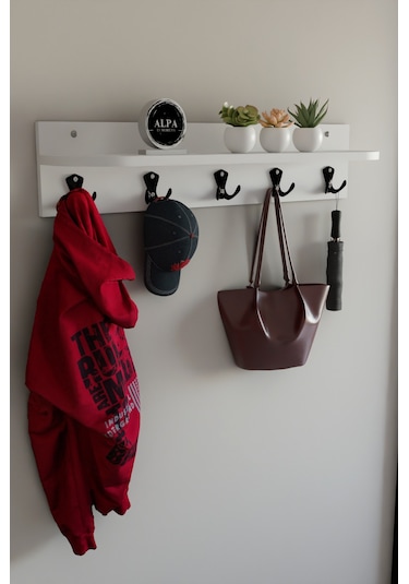 Alpa Ev Mobilya 5 Askılı Raflı Portmanto, Elbise Askılığı, Modern Duvar Organizer Askılık Beyaz