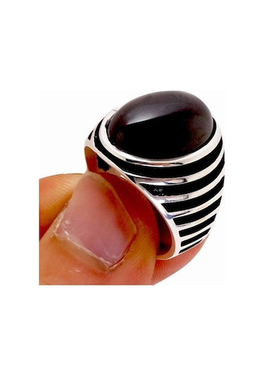 Oval Kesim Siyah Oniks Taşlı Erkek Gümüş Yüzük