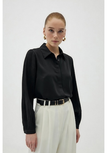 Sateen Plise Kollu Gömlek - Siyah-137085 Siyah
