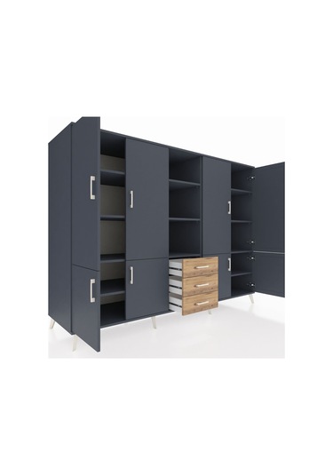 Kronos Dolap 11 Raflı 3 Çekmeceli 8 Kapaklı 220x59x163 Antrasit-a Antrasit-antrasit/çam