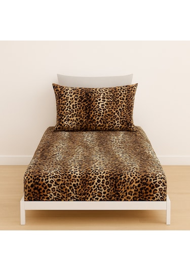 Tek Kişilik Leopar Desen 90 X 200 Cm Lastikli Çarşaf Ve Yastık Kılıfı Kahve