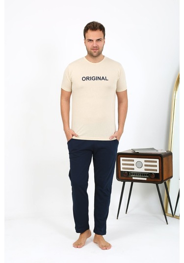 Akbeniz Erkek Kısa Kol Penye Pijama Takımı 6867 Krem Krem