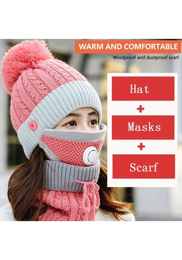 Kosona Kışlık Kadın Triko Şapka Seti: Yünlü Kalın, Soğuk Ve Rüzgar Engeli, Nefes Valfi, Bisiklet Sürerken Kullanıma Uygun, Pembe