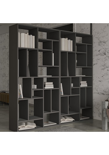 Nicola Kitaplık 18 Raflı, Modern Kütüphane Antrasit