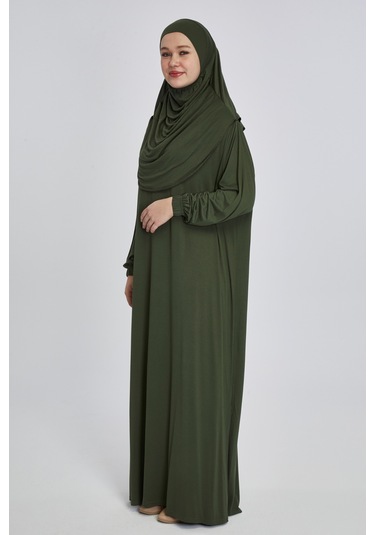 Pratik Başörtülü Rahat Giyilebilen Organik Tek Parça Namaz Elbisesi Haki