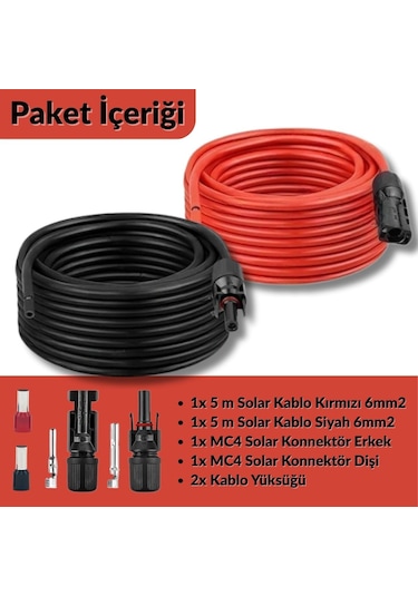 Solar Kablo Seti 6mm² - Mc4 Ve Yüksük Montajlı 5+5 Metre