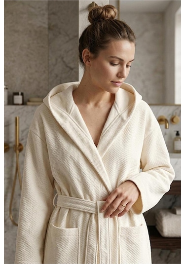 Soft Comfort Lacost Örgü Unisex Kapüşonlu Bornoz Ekru