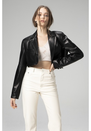 Siyah Dericlub Wm034 Gerçek Deri Crop Blazer Kadın Ceket