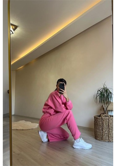 Neşeli Butik Kadın Fermuarlı Oversize Sweat Ve Yüksek Bel Eşofman Takımı Nm018 Pembe