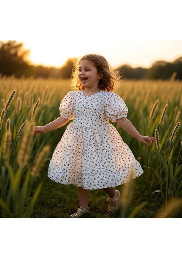 Çiçekli Kız Çocuk Yazlık Elbise St08993 KREM
