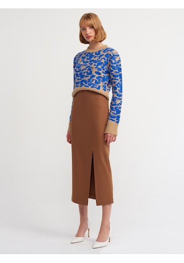 Dilvin Yırtmaçlı Kalem Etek Camel Koyu Camel