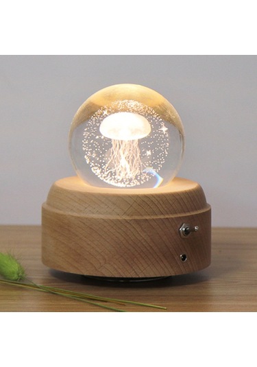 Sones Kız Yatak Başı Lambası Kristal Top Ahşap Tabanlı Müzik Kutusu Şarjlı Parlayan Dönen Gece Lambası, Rastgele Müzik Denizanası Diğer