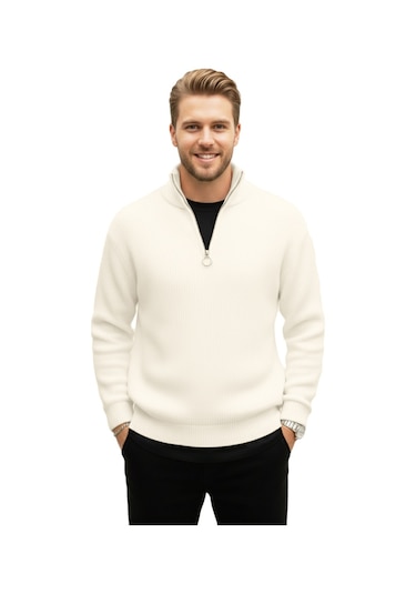 Deepsea Erkek Ekru Yarım Fermuarlı Oversize Kesim Triko Kazak %100 Pamuk, Yumuşak Dokulu Örgü Kazak 2608511 Ekru