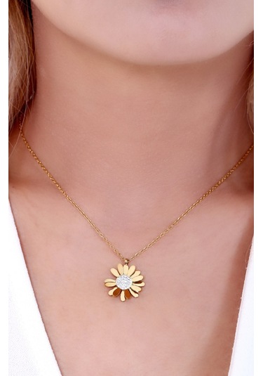 Kadın Altın Kaplama Papatya Çelik Kolye Gold Renk Altın