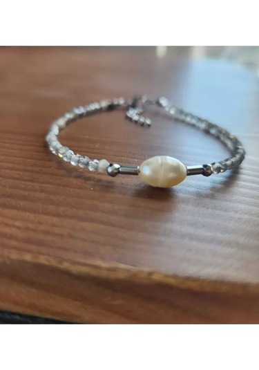 Doğaltaş Labradorit Ve İnci 3 Mm Çelik Bileklik Gri