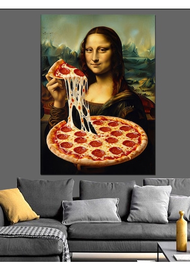 Pizza Yiyen Mona Lisa Portresi Dekoratif Kanvas - Mdf Ahşap Tablo