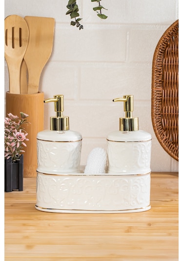 Porsima 3116 Gold Kapaklı Porselen Süngerli 2li Sıvı Sabunluk Beyaz 350+350 Ml Altın - Beyaz