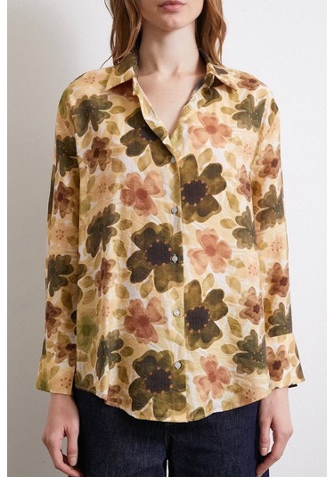 Kadın Uzun Kol Desenli Renkli Pamuk Saten Premium Kalite Spor Şık Gömlek Lime Sarı