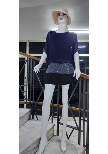 İtalyan Yarasa Kollu Payetli İpek Bluz-9248 Lacivert
