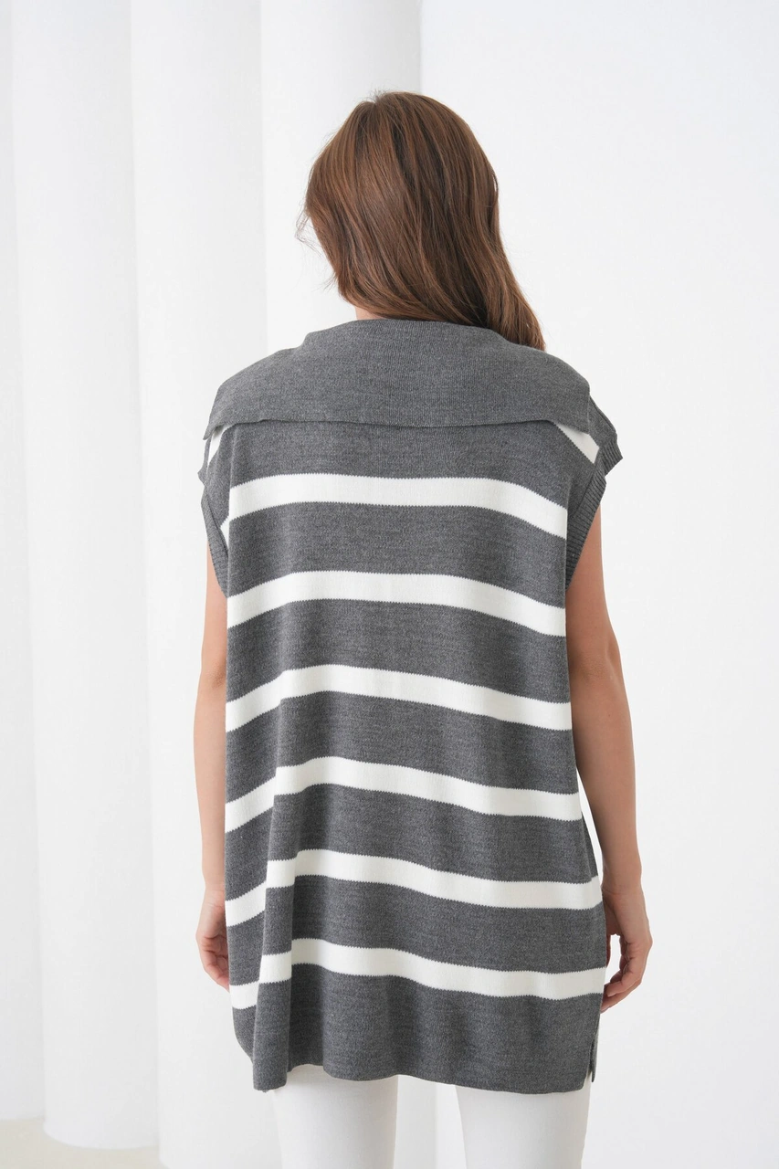 Kadın Kolsuz Gömlek Yaka Triko Tesettüre Uygun Spor Şık Yelek Gri