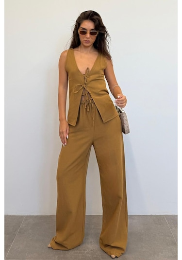 Madmext Camel Önü Bağlamalı Yelek Pantolon Kadın Takım Mg2403