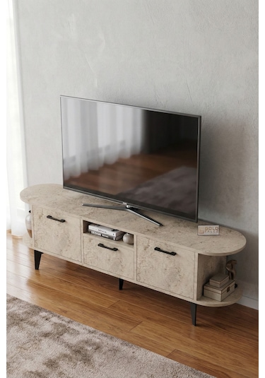 Tv Sehpası 160 Cm Modern 3 Kapaklı Tv Sehpa Çok Amaçlı Konsol Ünitesi Mira Ekru