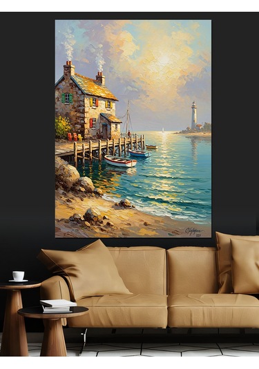 Ahşap Tablo Limanda Küçük Balıkçı Evi Yiyecek Ve İçecek Tabloları