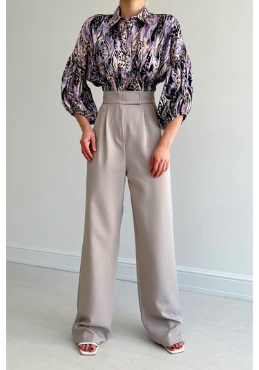 Beli Lastikli Saten Gömlek - Lila Karışık Çok Renkli