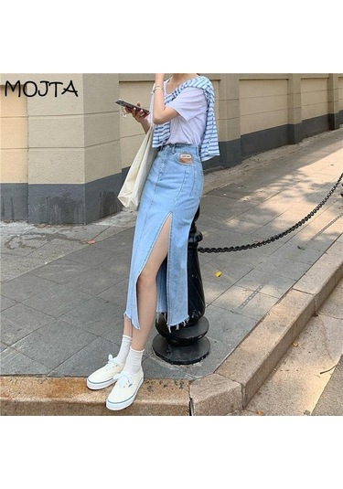 Yaz Kadın Kot Etek Klasik Açık Mavi Yüksek Bel Günlük Kot Bayan Kot Etek Siyah